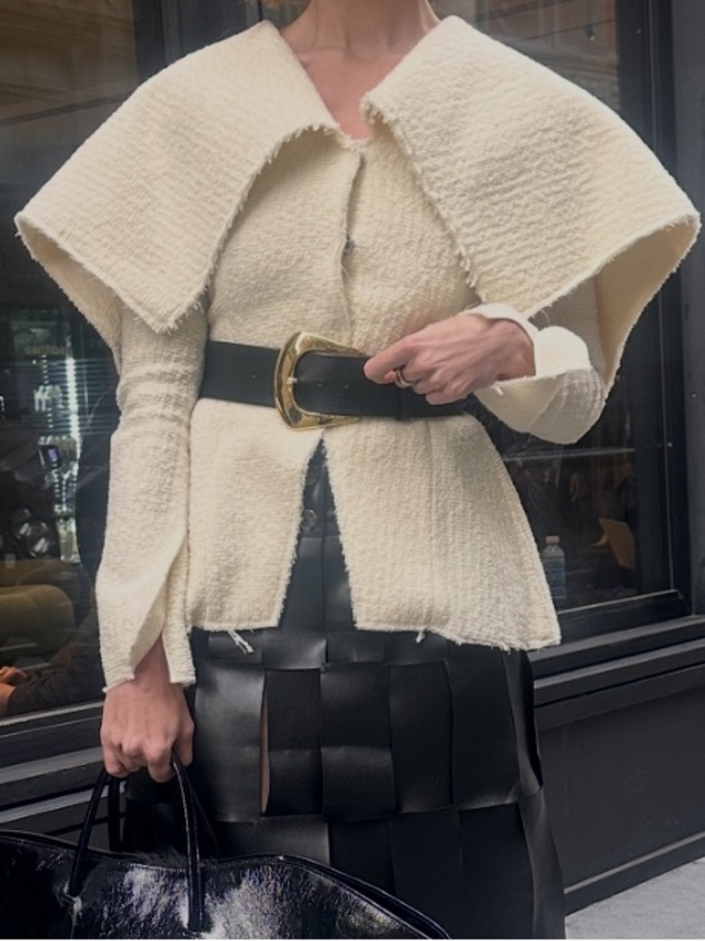 Cream Textured Knit Cardigan with Wide Shawl Collar